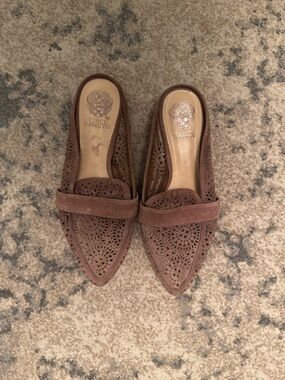 Vince Camuto Brown Suede Perforated Pointed-Toe Mules